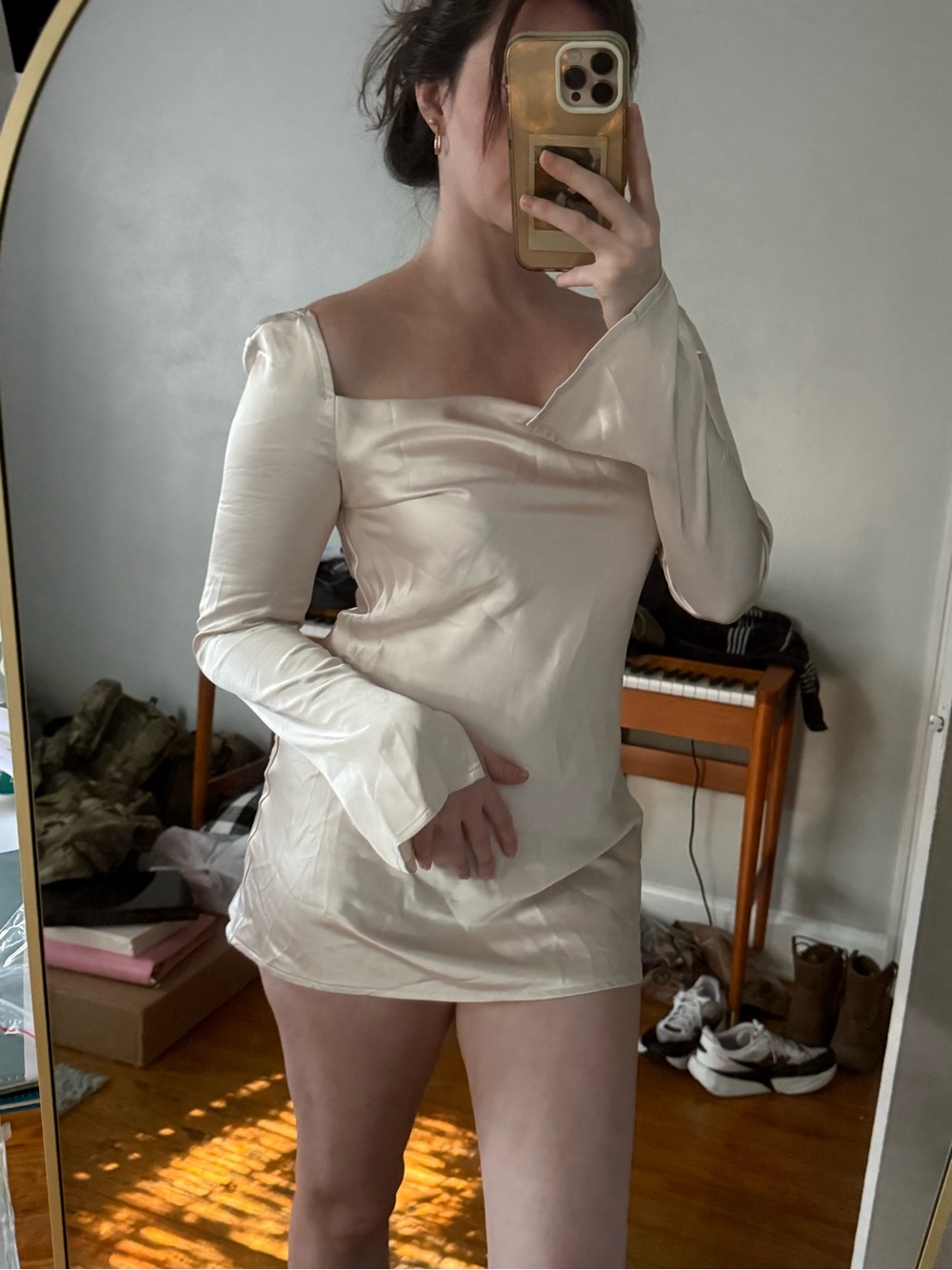 Princess Polly Satin Long Sleeve Mini Dress in Champagne